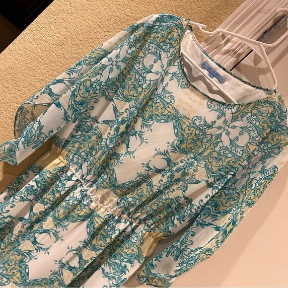 Antonio Melani size 8 teal and white print dress with flowy sleeves - Picture 6 of 9